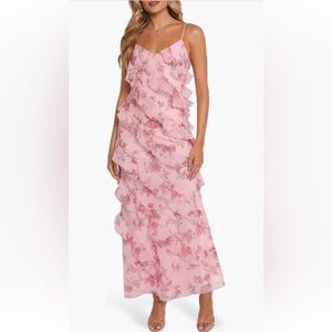 NWT Petal & Pup CIAO RUFFLES MAXI DRESS Gown Pink Floral XS